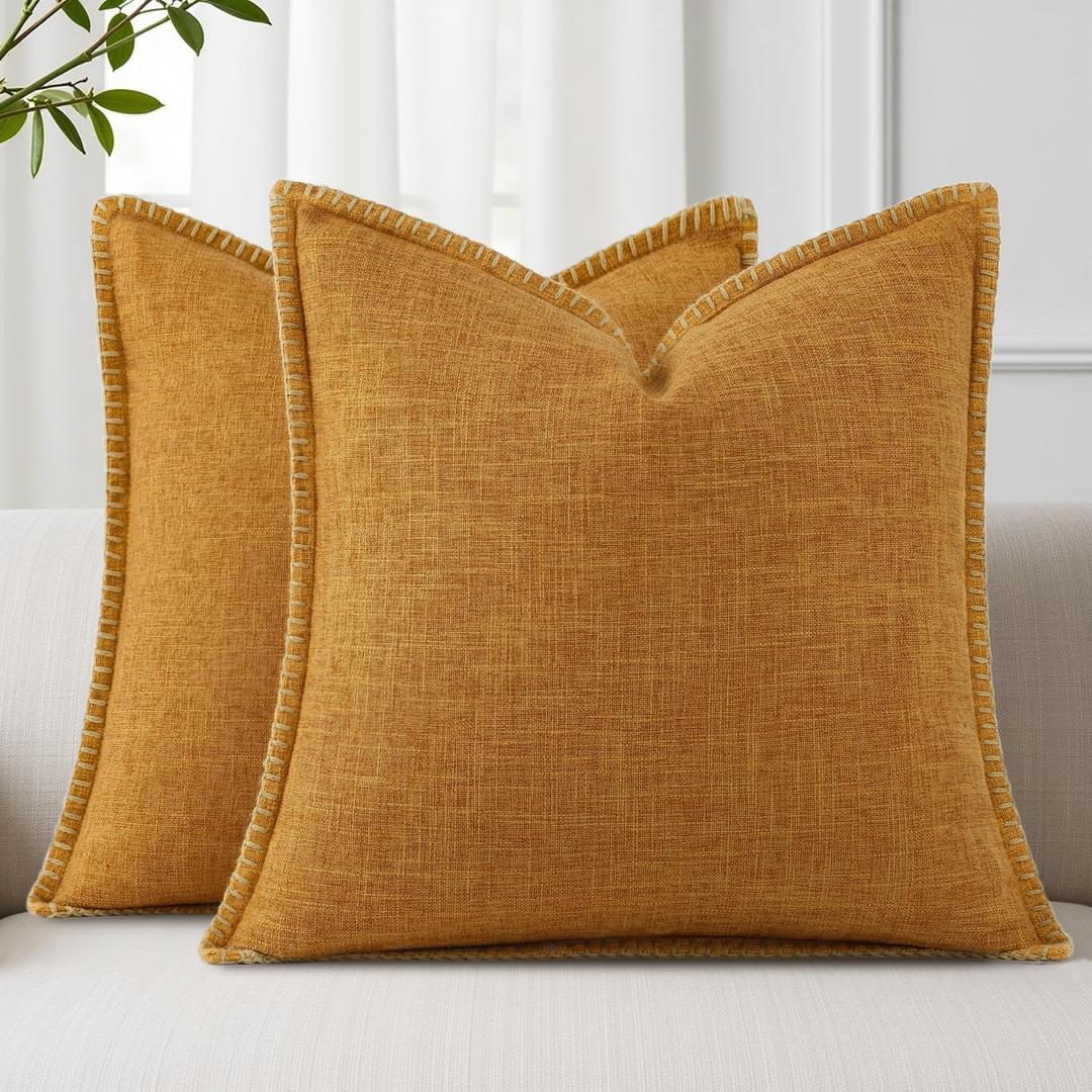 decorUhome Summer Decorative Throw Pillow Covers 20x20 Set of 2 Square Faux Linen Outdoor Neutral Farmhouse Pillow Covers with Stitched Edge for Couch Sofa Living Room, Bronze Gold