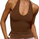 Tankaneo Womens Sexy Scoop Neck Halter Tops Backless Ruched Knit Tank Tops Summer Sleeveless Fitted Going Out Shirts (Brown, M)