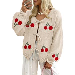 kipfall Womens Bow Tie Front Cardigan Sweaters Long Puff Sleeve Cute Print Jacket Coats 2026 Trendy Fall Winter Outfits (Beige, M)