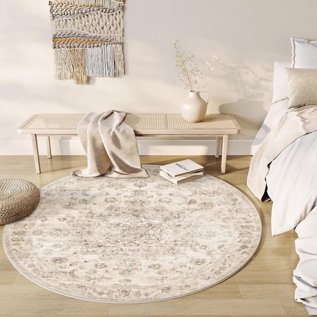 6x6 Washable Neutral Round Rug Beige Vintage Living Room Bedroom Circle Rug Non-Slip Soft Low Pile Farmhouse Indoor Carpet for Kitchen Dining Room Office, Beige 