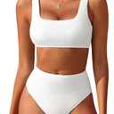 ANRABESS Women Two Piece Bikini Sets High Waist Square Neck Swimsuits Ribbed Textured Comfy Bathing SuitsBeach Swim Wear (White, M)