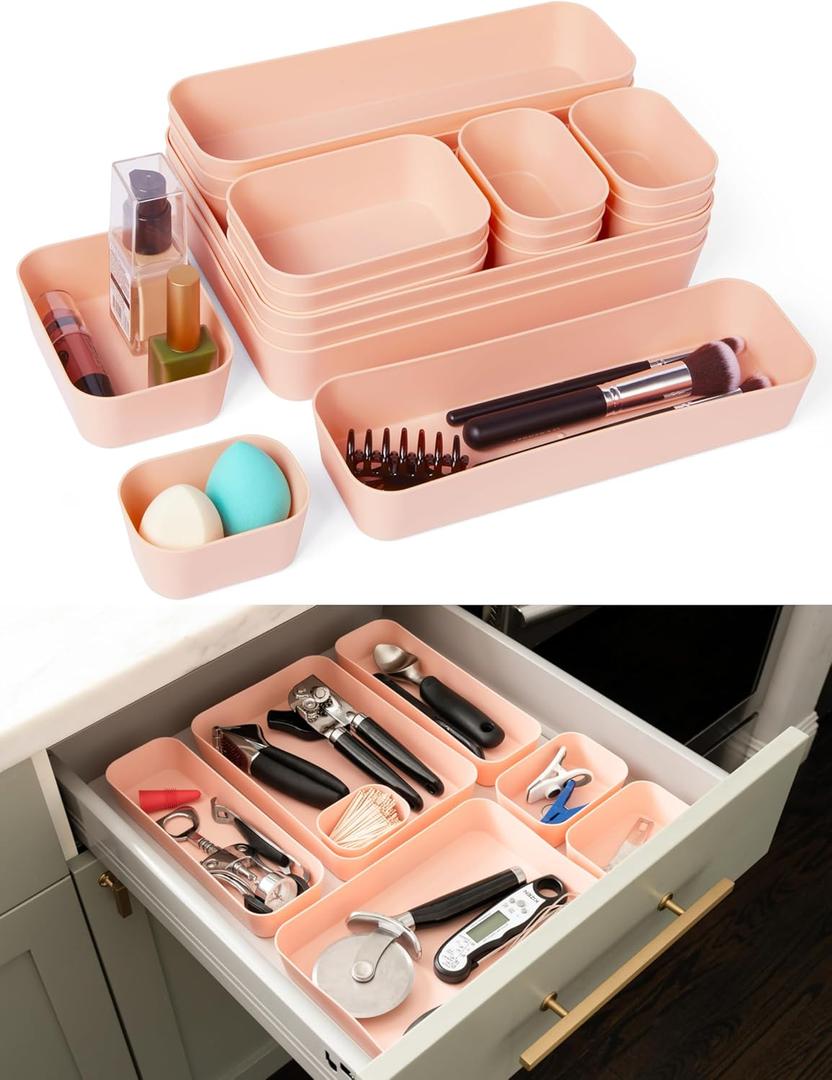 Spacesaver 20-Piece Plastic Drawer Organizer Set  Office, Makeup, Vanity, Bathroom & Desk Drawer Storage Trays  Stackable, Durable PP Bins in Multiple Sizes for Home & Office Organization (Pink)