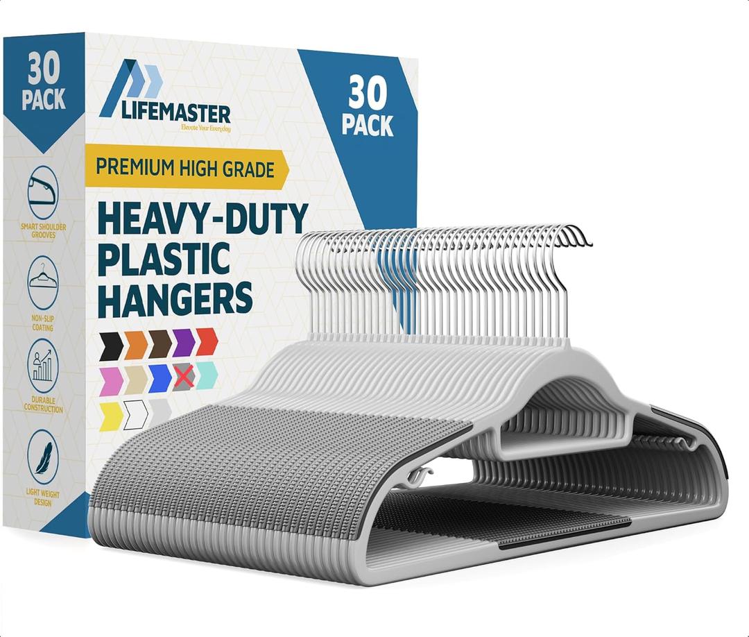 Lifemaster Plastic Clothes Hanger Set - 30 Pieces Versatile, Lightweight, Space-Saving, Non-Slip, Slim Designed, Dry and Wet Clothes Hanger Set with 360 Swivel Hook and Rubber Coating - Gray