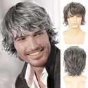 Mens Grey Wig - Short Layered Natural Fluffy Synthetic Heat Resistant Halloween Cosplay Hair
