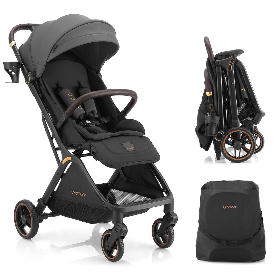 Gromast Gravity Folding Baby Stroller - Portable Travel Toddler Stroller w/Adjustable Backrest, Canopy & Cup Holder, Lightweight and UV Protected, One-Hand Automatic Folding - Dark Gray