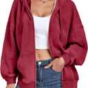 WOWULOVELY Womens and Mens Zip Up Hoodies Acid Wash Long Sleeve Oversized Sweatshirts Distressed Fleece Jacket with Pockets (Red, L)