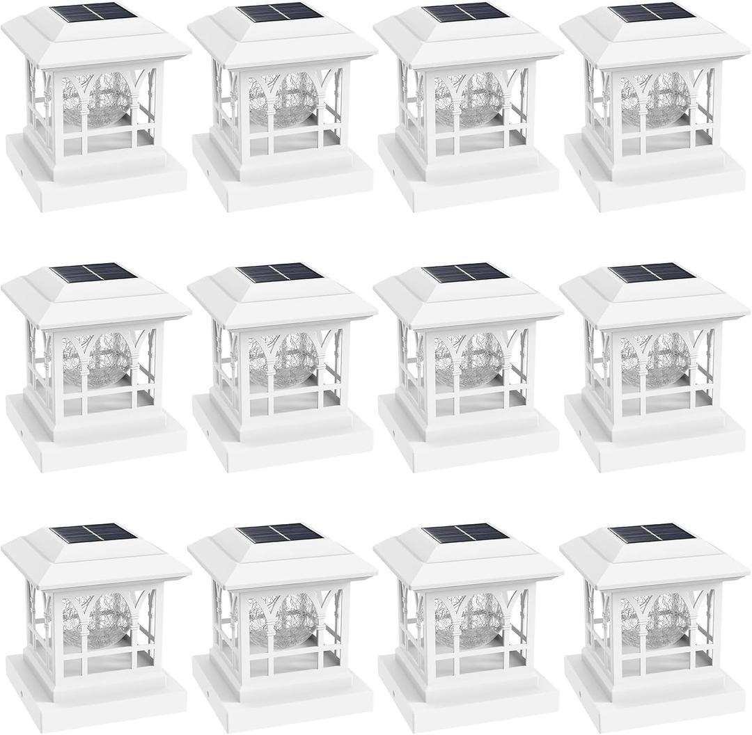 Fence Post Solar Lights, Crackle Glass Solar Post Cap Lights, 20 Lumens, Warm White & RGB Automatic Cycling 2 Modes for 3.6x3.6 4x4 4.5x4.5 5x5 Vinyl Wooden Posts Decoration, White (12 Pack)