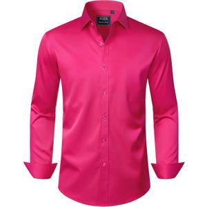J.VER Men's Dress Shirts Long Sleeve Solid Stretch Wrinkle-Free Shirt Regular Fit Casual Button Down Shirts hot Pink Large