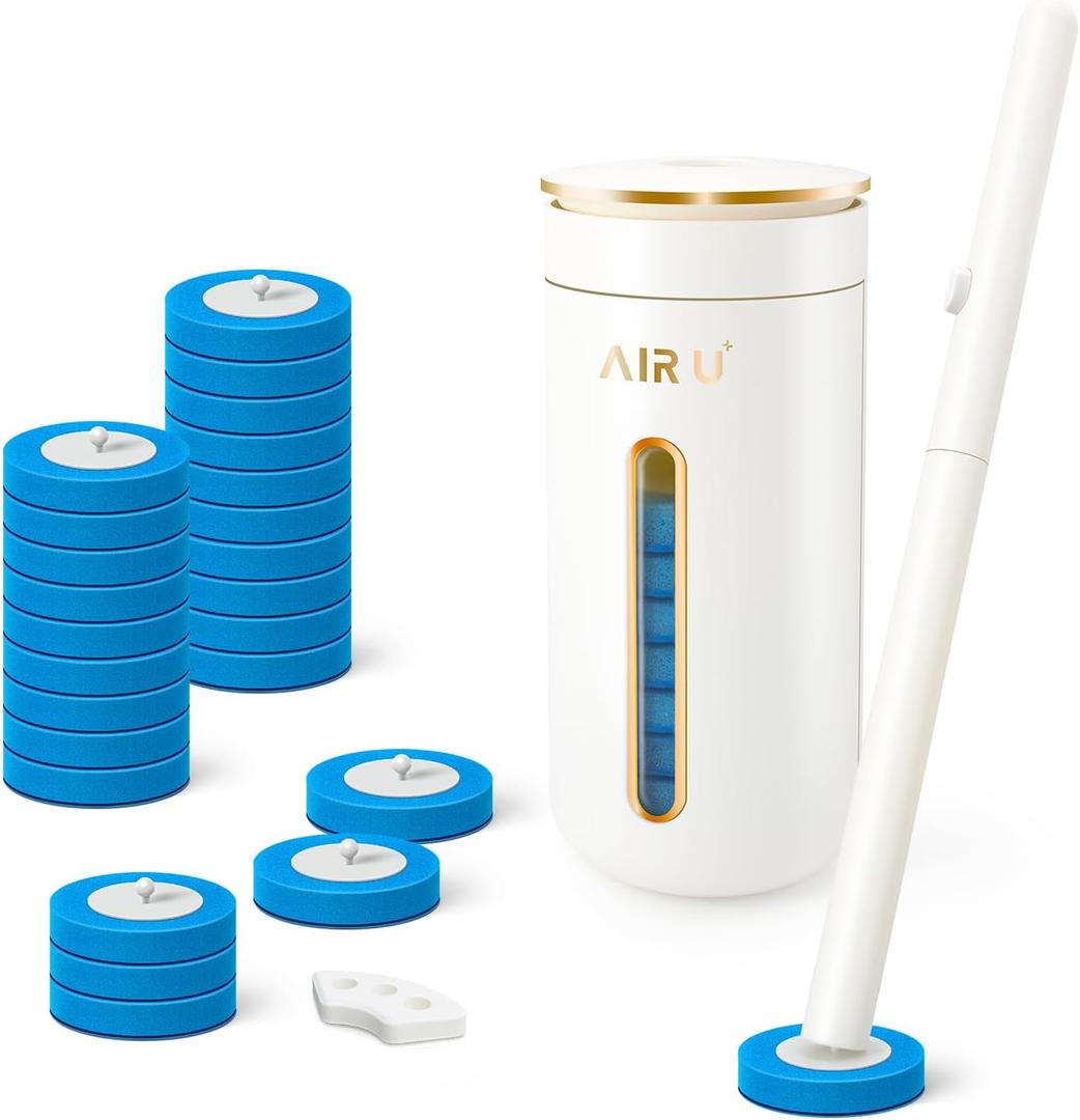 AIR U+ Disposable Toilet Brush, Toilet Bowl Cleaning System with 24 Count Wand Refill, Clean Brush Starter Kit with 1 Toilet Wand, 1 Storage Caddy and 1 Fragrant Tablet (1 + 24)
