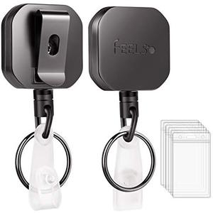 FEELSO Badge Holder Reel Retractable, Metal Heavy Duty Badge Holder with Belt Clip Key Ring and 6pcs Plastic ID Card Holders, Steel Wire Cord Up to 25 inch (Pack of 2)