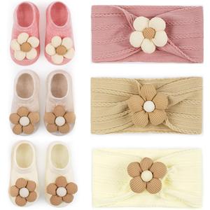 Baby Flower Headband and Socks: Cute Headband and Socks Sets for Toddler Newborn Infant Girl (1 Count (Pack of 6), 3 sets Pink/Khaki/Beige)