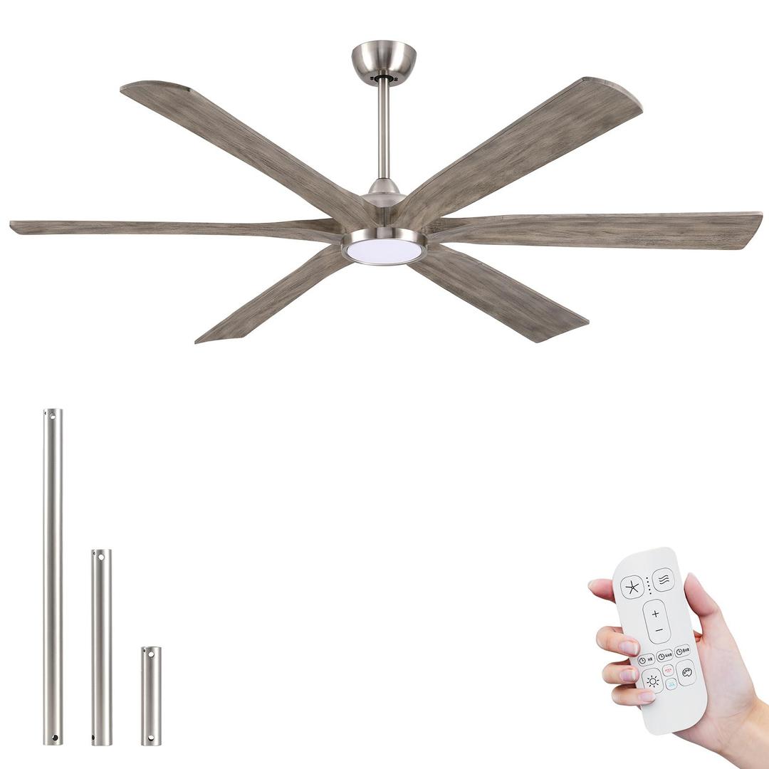 Sukerxius 60 Inch Outdoor Ceiling Fans with Lights and Remote, Modern Farmhouse Ceiling Fan, 6 Solid Wood Blades, High CFM Quiet Energy Efficient DC Motor, for Indoor Commercial Office, Outside Patio