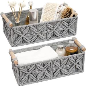 Macrame Storage Basket Boho Decor Baskets for Organizing Woven Decorative for Countertop Toilet Paper Basket for Tank Top for Home Decor Bedroom Nursery Livingroom Entryway (Set of 2,Grey)