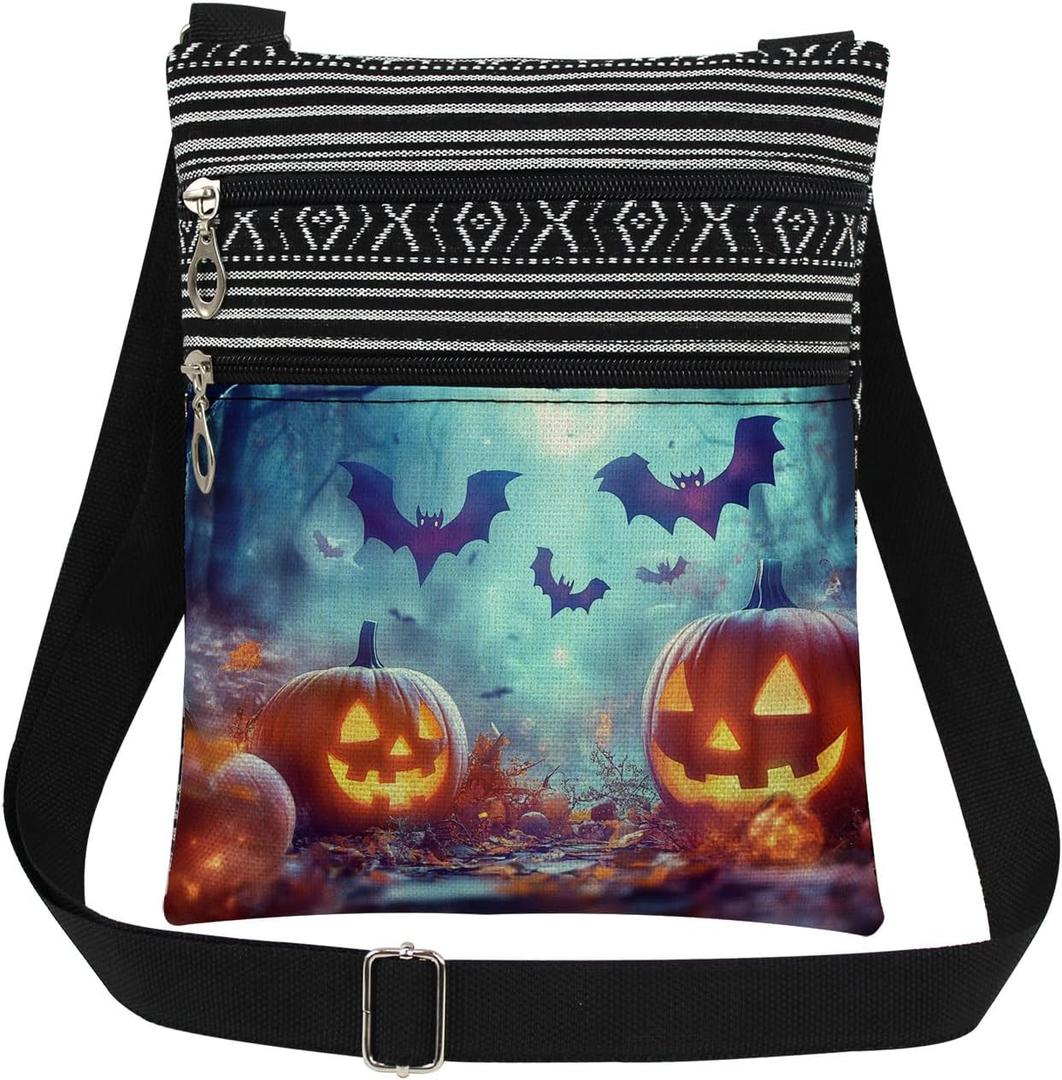 Halloween Night Adjustable Strap Crossbody Bag Glowing Jack-O-Lantern with Moonlit Forest and Bats Print for Adult Messenger Bag Halloween Party or Birthday Celebration Gift for Friend