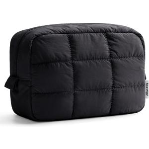 Narwey Quilted Makeup Bag for Women Girl, Puffer Travel Cosmetic Bag Puffy Make Up Bag Organizer, Cute Travel Toiletry Bag for Toiletries (Black)