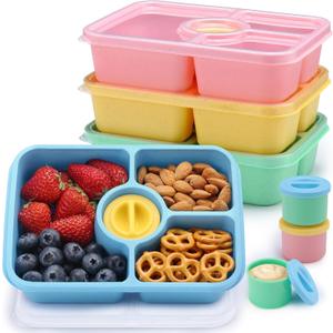 Bento Snack Box Containers, Meal Prep Container Reusable for Kids, Stackable Bento Box Adult 4 Pack, Divided Food Storage Containers with Clear Lids, Sauce Container, Light Colors