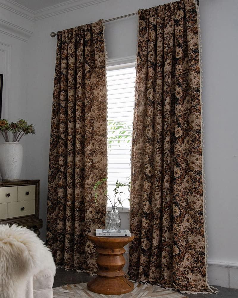 vctops Vintage Floral Oil Painting Curtains with Tassels Set of 2 Panels Rod Pocket Thermal Insulated Room Darkening Window Curtains/Drapes for Bedroom Living Room (Coffee,59"x102")