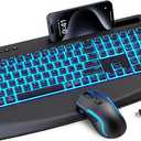Wireless Keyboard and Mouse Combo, (Upgraded Version) Rechargeable Backlit Ergonomic Keyboard with 4000mAh Battery, Wrist Rest and Phone Holder, Quiet for PC/Mac/Laptop/Windows/Chrome OS - SABLUTE (Black)