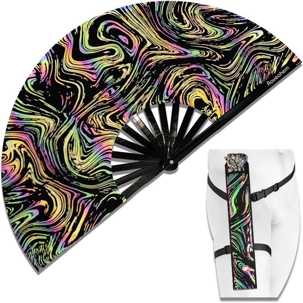 Lridescent Holographic Large Rave Bamboo Folding Clack Hand Fan With Holster for Men/Women Handheld Fan for EDM,Music Festival,Club,Freaky,Party,Dance,Performance,Decoration,Gift