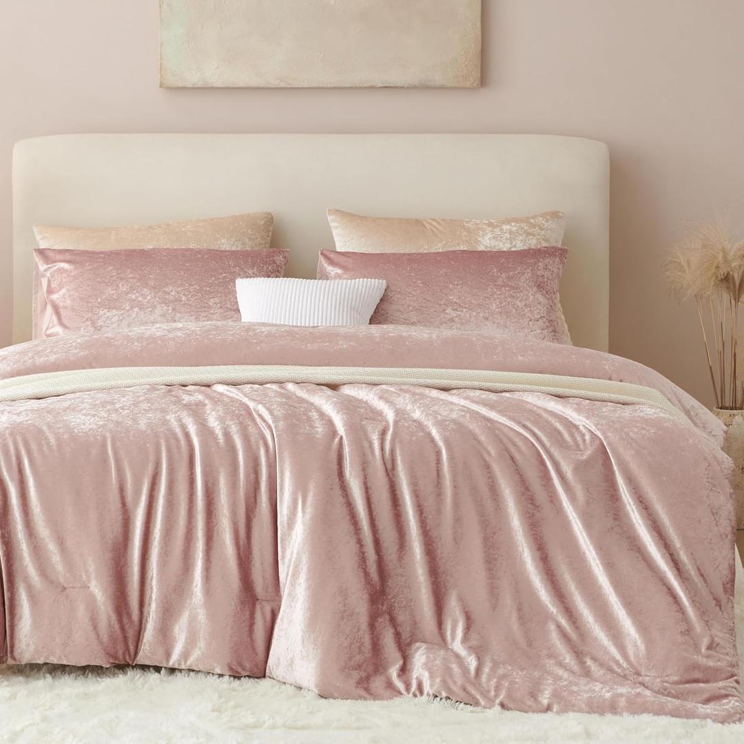 Pink Comforter Set Queen Size 3 Pieces,Crushed Velvet Bedding Set Soft Brushed Microfiber Reverse,All Season Cozy Fluffy Comforter Bed Set for Girls,Sparkling Comforter and 2 Pillowcases