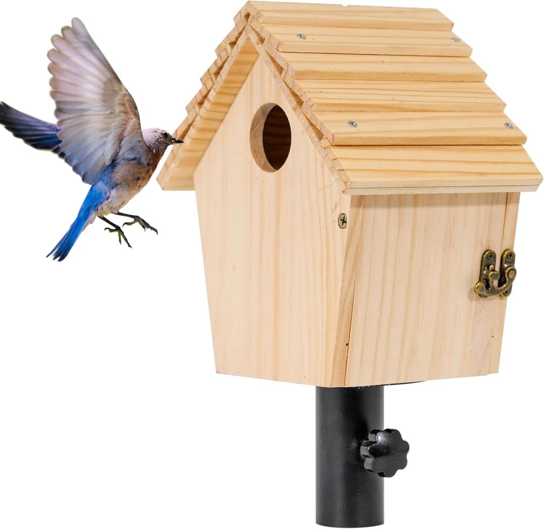 Chalet Style Large Bird House for Outdoor with Metal Tube, Thicken Wooden Hanging Birdhouse with Clear View Panel Clear View Panel Predator Guard Nesting Box for Swallow Wren Chickadee