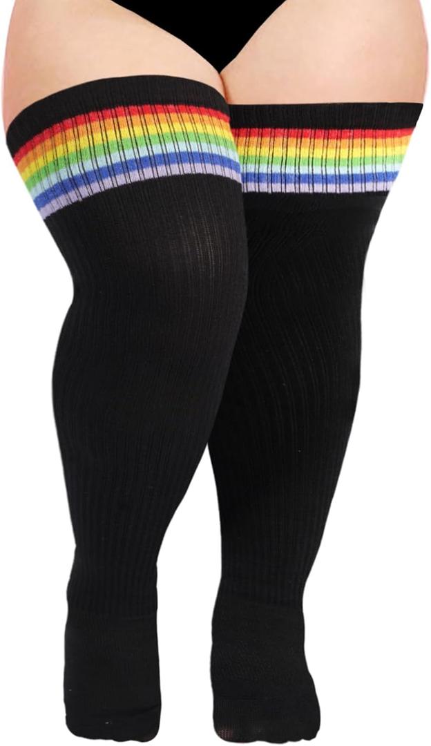 Moon Wood Plus Size Thigh High Socks for Thick Thighs- Womens Knit Cotton Extra Long Over the Knee High Socks Leg Warmer (Black & Rainbow)