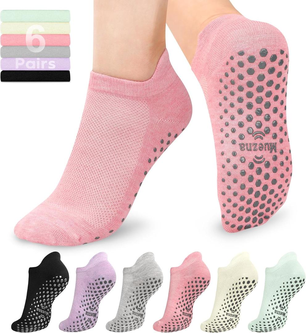 Muezna 6 Pairs Pilates Grip Socks for Women, Non Slip Yoga Socks with Grips, Grippy Socks for Barre, and Hospital (Medium, 6 Pairs-black/Beige/Pink/Green/Purple/Grey)