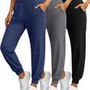 3 Pack Women's Yoga Joggers, Cozy Lounge Pants with Pockets Gym Athletic Loose Sweatpants Comfy Cuffed Pants (S, Black, Dark Gray, Dark Blue)