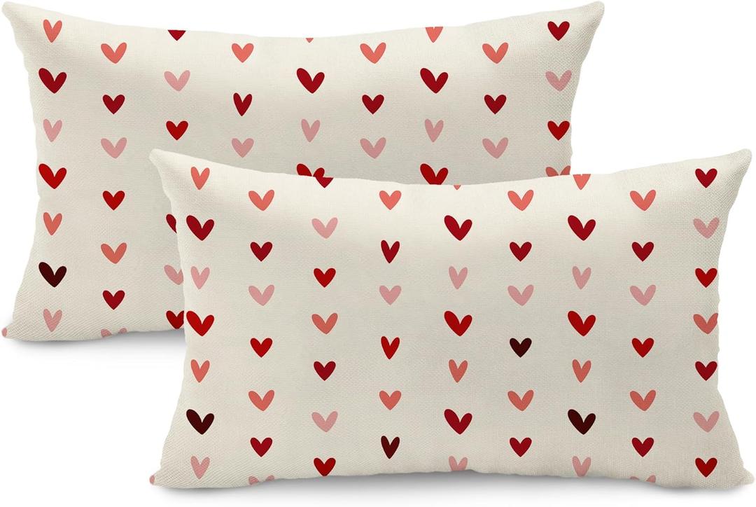DFXSZ Valentine's Day Pillow Covers 12x20 Inch Set of 2 Small Red Pink Hearts Decor White Throw Pillow Covers Valentine's Day Cushion Case Decoration for Sofa Couch 56B12
