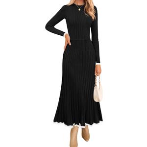 ZESICA Women's Long Sleeve Sweater Dress Fall 2026 Crewneck Ribbed Knit Pleated A-Line Maxi Wedding Guest Dresses, XL