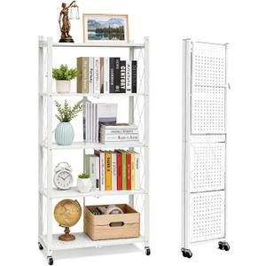5 Tier Foldable Storage Shelf with Wheels, Heavy-Duty Metal Shelving Unit, No Assembly Book Shelf Rolling Storage Rack for Garage, Kitchen, Pantry, Closet, Exhibition, Office Decor, White