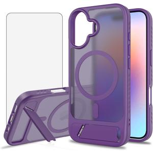 Asuwish Phone Case for iPhone 17 6.3 inch, Compatible with Magsafe Magnetic, Tempered Glass Screen Protector, Folding Stand Shockproof Protective Cell Cover i Phone17 i17 17Case Women Men Purple