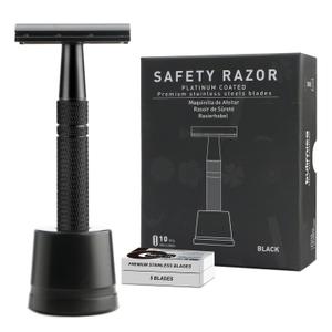 Double Edge Safety Razor with Stand, Single Blade Razors for Men and Women, Reusable Metal Razor, with 10 Stainless Steel Double Edge Blades, Smooth and Close Shave, Plastic Free, Matte Black