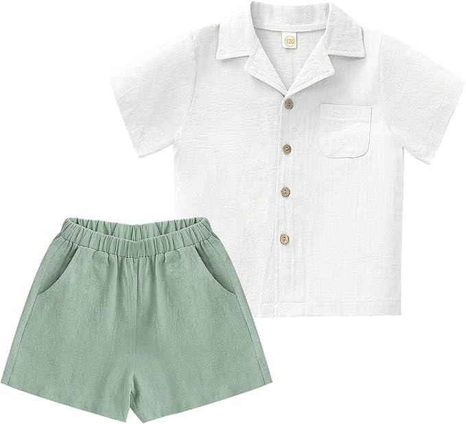 MWEALTHY Toddler Baby Boy Summer Clothes Color Block Short Sleeve Button-Down Shirt Tops + Cotton Pants Outfit Set Size 80, White Green