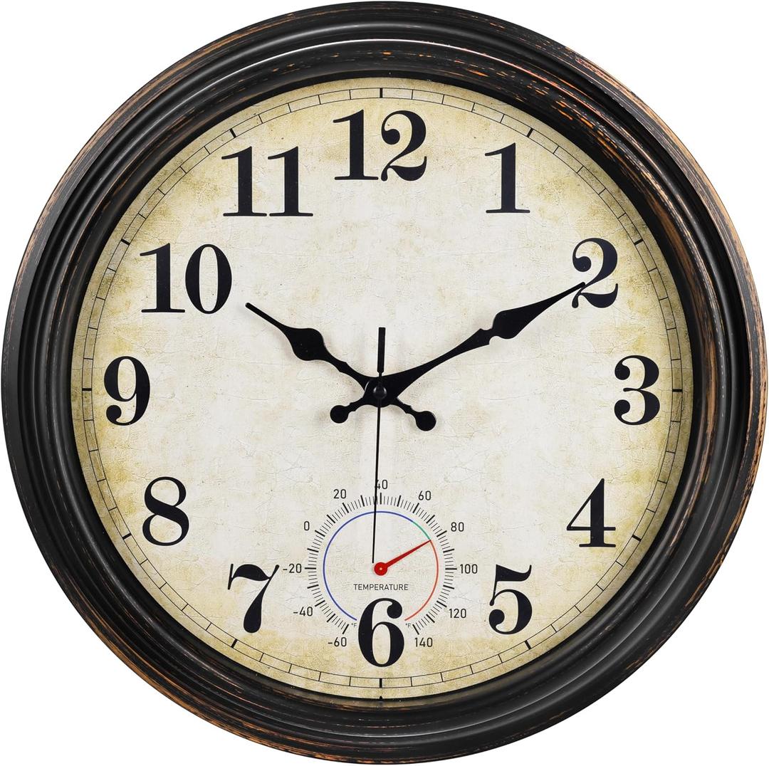 Large Outdoor Clocks Waterproof with Thermometer Combo Vintage Wall Clock Decor for Bathroom Patio Pool Garden(16 Inch)
