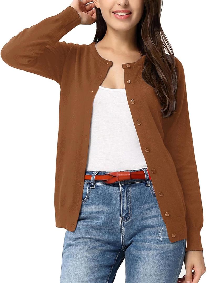 GRACE KARIN Womens Long Sleeve Knit Cardigan Sweaters Casual Dressy Open Front Button Down Cardigans Spring Outfits (Large, Brown)