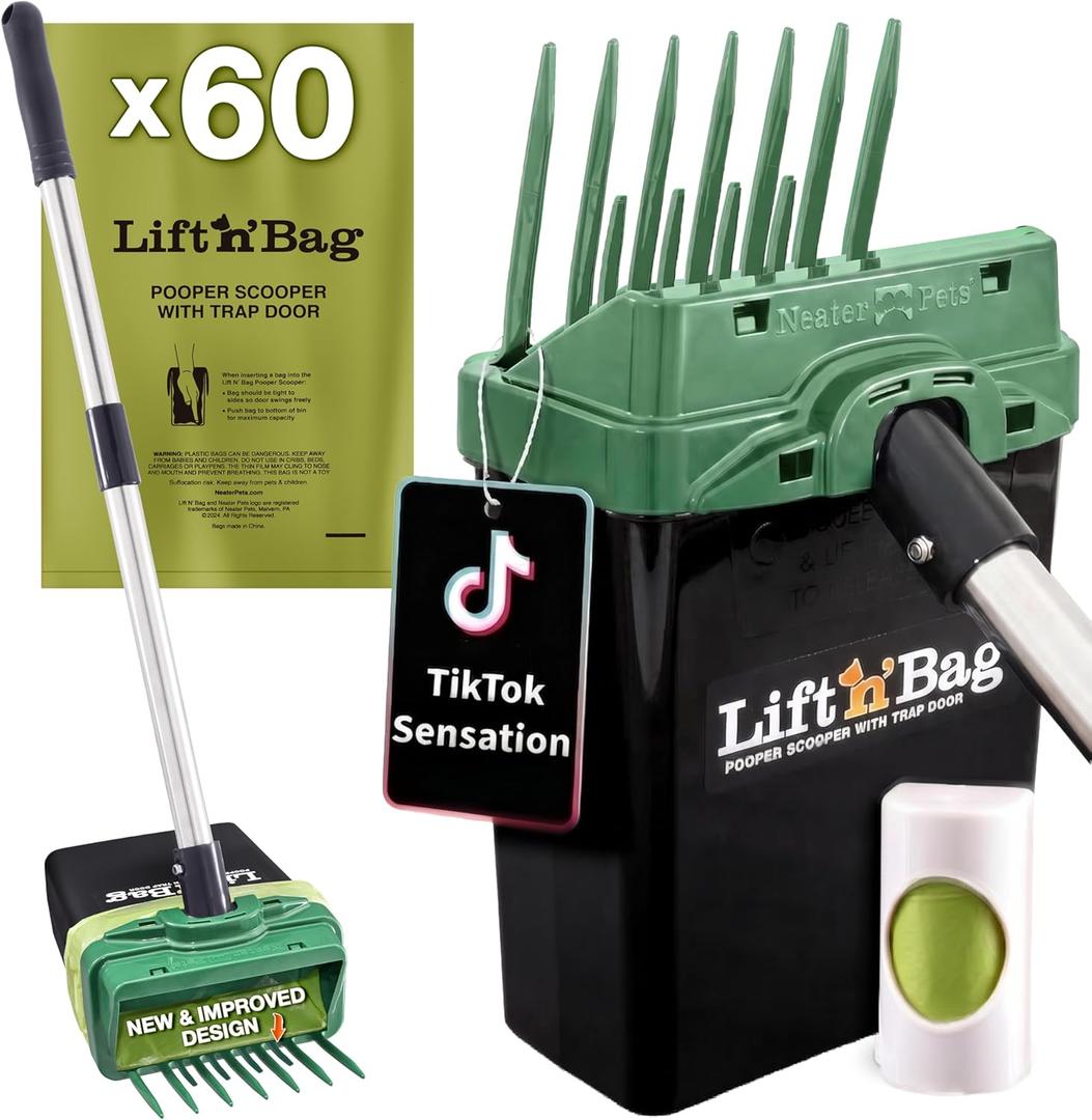 Neater Pet Brands Lift N Bag 2.0 Dog Pooper Scooper with Bag Attachment & 22" Pole for Small to Large Dogs, New & Improved Design, 60 Refill Bags, Heavy Duty Dog Poop Scooper for Yard, One-Hand Use