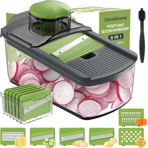 Ourokhome Mandolin Food Slicer, Hand Safe Kitchen Vegetable Shredder with 6 Mandoline Blades, Veggie Waffle Cutter for Potato, Carrot, Zucchini, Onion, Essential Kitchen Gadgets (6 in 1, Gray) (Green)