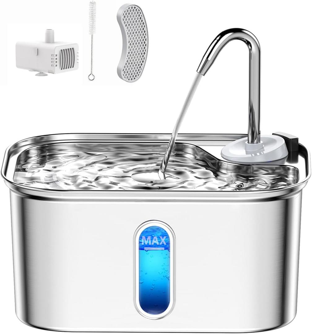 Cat Water Fountain Stainless Steel for Cats Indoor 2.5L 85oz by BPA-Free SUS304, 4pcs Effective 6-Layer Filter Cat Fountain for Drinking 20dB Ultra Quiet Metal Pet Water Fountain (Fountain+1 Filter)