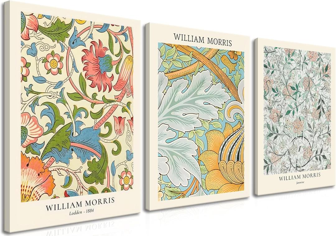 William Morris Vintage Floral Canvas Paintings - Abstract Wall Art Prints Set of 3, 16x24 in Framed, Modern Eclectic Wall Decor for Living Room, Bathroom, Bedroom, Office (Green Flowers)