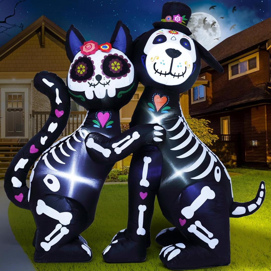 ZPISF 6 FT Halloween Inflatables Skeleton Black Cat and Dog Day of The Dead Outdoor Decorations, Inflatable Halloween Blow Up Yard Decorations with Built-in LED Lights for Yard Lawn Garden Decor