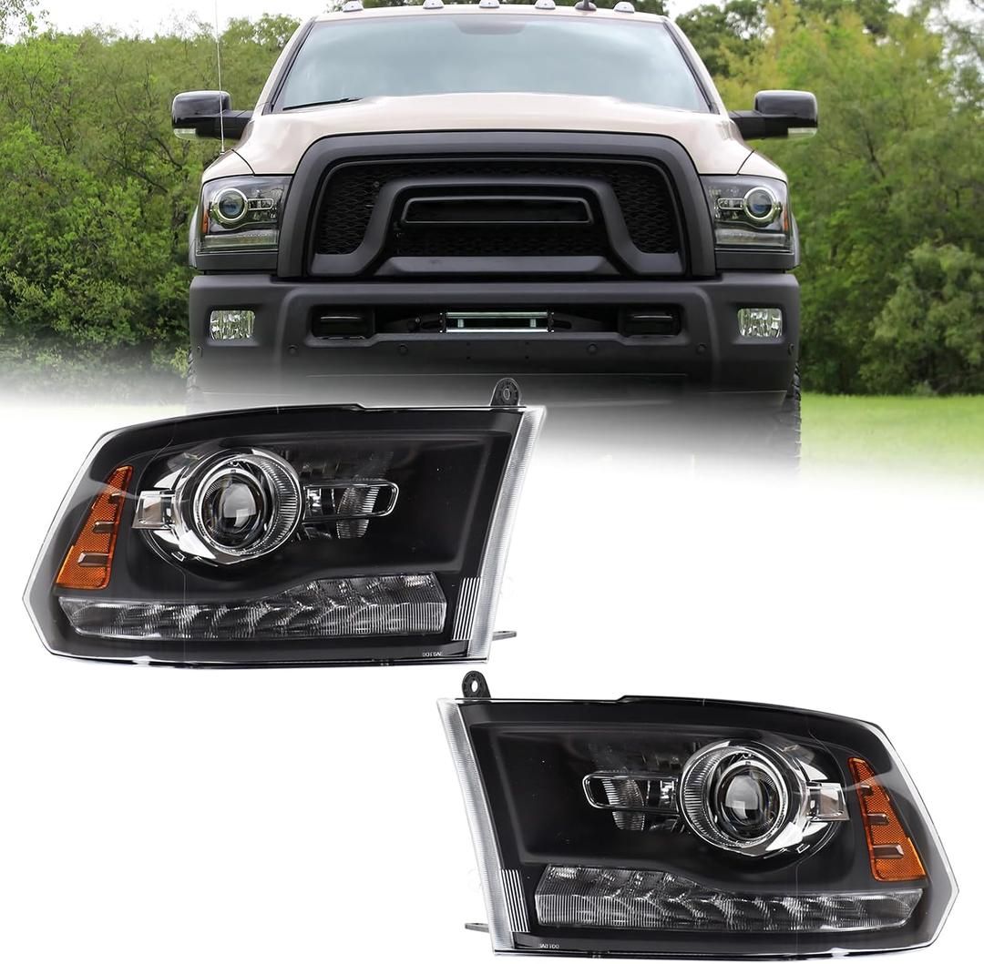 Duolctarms Factory Style 9PINS W/Halogen DRL Black Housing Amber Reflector Headlight Headlamp Assembly Compatible for 2013-2018 Dodge Ram 1500 2500 3500 Left & Right