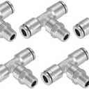 uxcell Tee Push to Connect Tube Fittings 1/4" Tube OD x 1/8" NPT Male Thread Nickle-Plated Brass Union Adapter Fitting, Silver 5Pcs