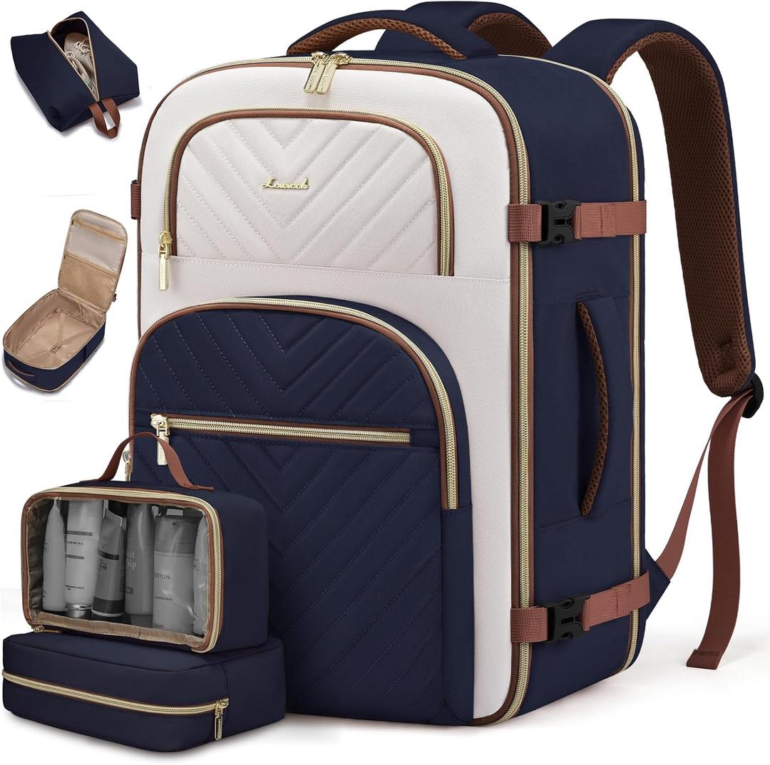 LOVEVOOK Travel Backpack Carry on Flight Approved 40L,Waterproof TSA Travel Essentials Personal Item Backpack for Women Men,Large Carry on Luggage Suitcase Travel Bag for Airplane with 3 Packing Cubes (Dark Blue - Off-white - Brown)