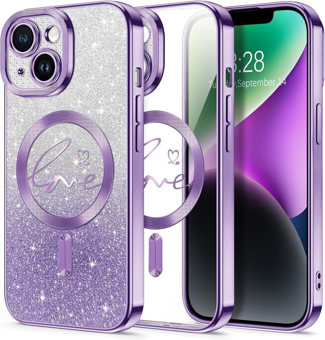 Hython for iPhone 14 Case Glitter, Compatible with MagSafe Love Heart Magnetic Clear Phone Cases for Women Girls, Full Camera Protection Sparkle Plating Shockproof Protective Cover, Deep Purple