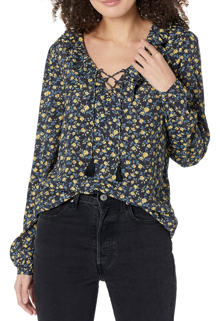PAIGE Women's Ilara Blouse Long Sleeve Matte Satin Lace Up Front in Black Multi M