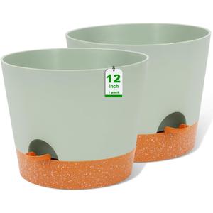 GARDIFE 12 inch planters, Plant Pots,Self Watering Pots, 2 Pack Large Plastic Flower pots with Deep Reservior and High Drainage Holes for Indoor Outdoor Plants and Flowers, Green