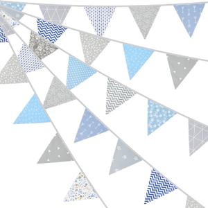 G2PLUS 39Ft Triangle Bunting Banner, 42pcs Cotton Pennant Banner, Grey Blue Reusable Floral Triangle Flags Party Decoration for Birthday, Wedding, Baby Shower, Room Decor