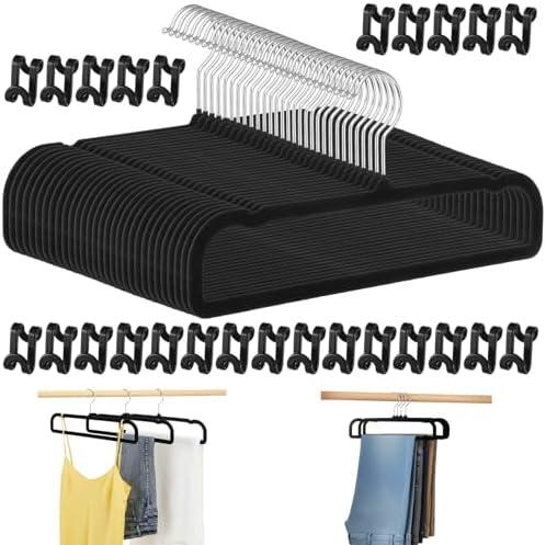 30 Pack Velvet Pants Hangers Non Slip, Black Flocked Trouser Hangers with Swivel Hook, Space Saving Slim Clothes Hanger for Closet, Jeans, Shirts and Dresses