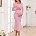2025 Fall Maternity Dress Faux Two-Piece Long Sleeve Square Neck Mermaid Bodycon Pregnancy Dresses Casual Baby Shower (Pink, XL)